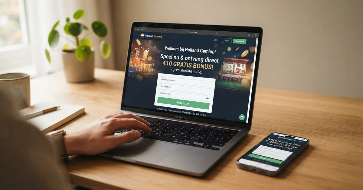 Een Nederlands online casino lobby-scherm met de tekst “€10 gratis bonus” naast een registratieformulier, zichtbaar op een laptop en smartphone
