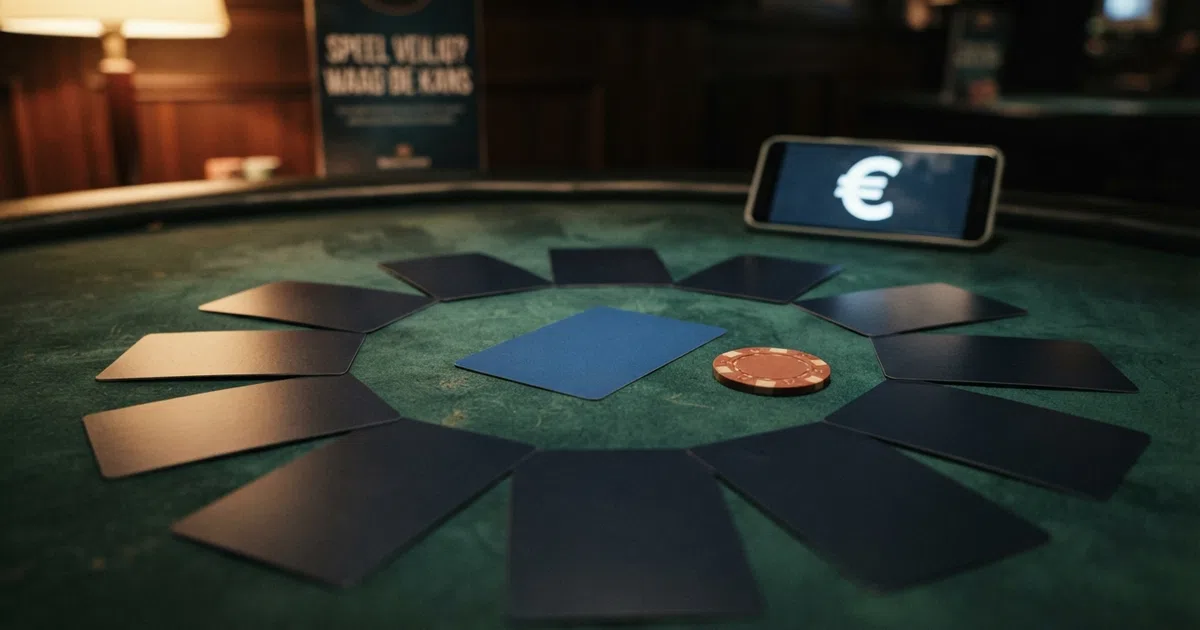 Een rij van tien speelkaarten met verschillende casinologo's, de voorste kaart ligt omgekeerd met een vraagteken
