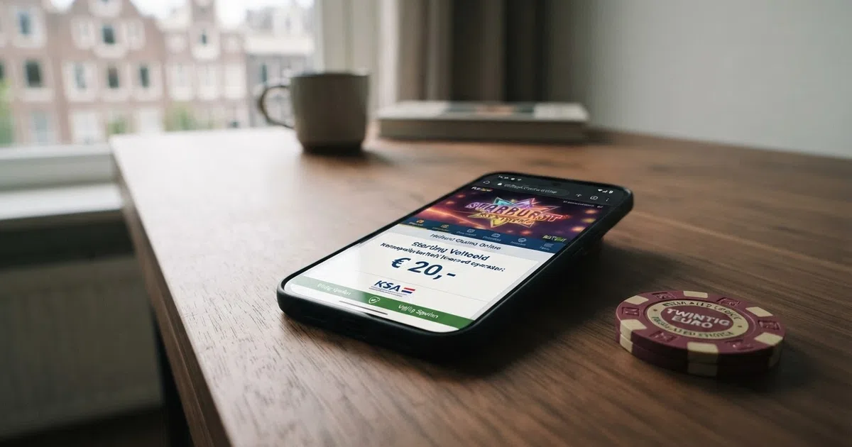 Een online casino-interface op een smartphone met een stortingsscherm dat €20 toont en een slotspel op de achtergrond