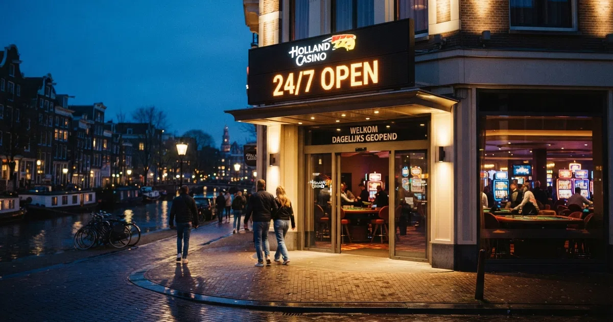 Een verlichte casino-entree in Nederland in de avondschemering, met een digitaal bord dat “24/7 OPEN” toont.