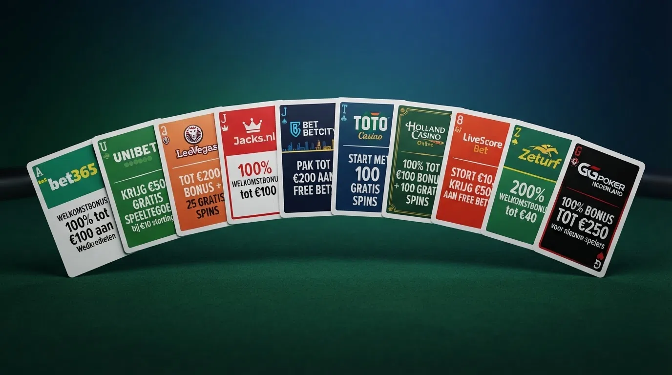 Tien speelkaarten met daarop de naam en het aanbodtype van elk casino, uitgespreid als een kaartspel
