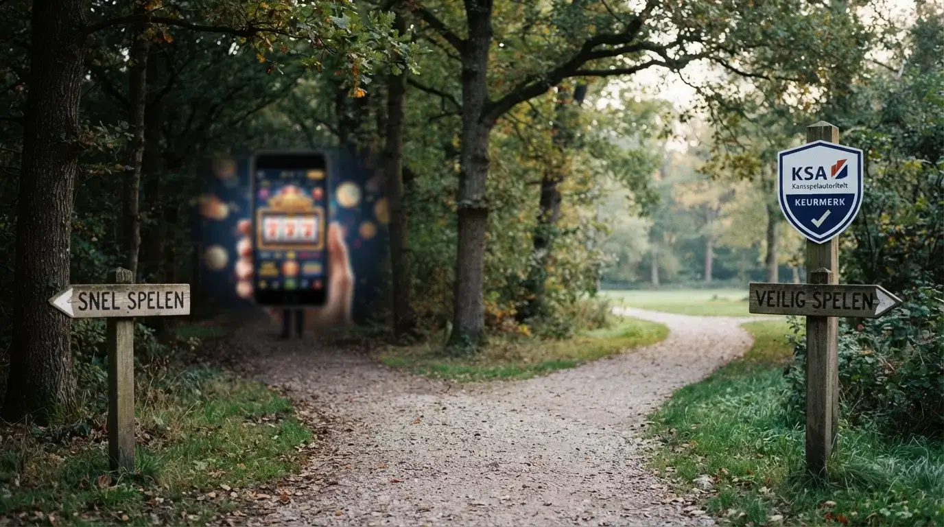Een splitsing in de weg: het ene pad gemarkeerd met 'snel spelen' leidt naar een onvergund scherm, het andere met 'veilig spelen' naar een KSA-keurmerk