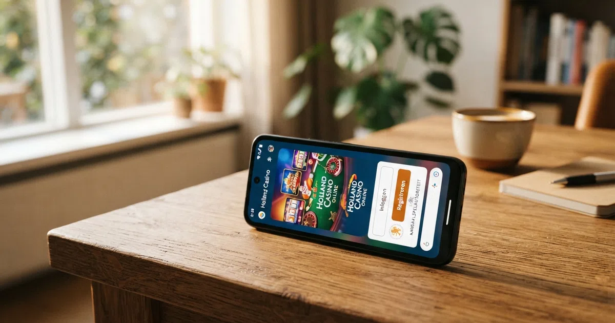 Een Android-telefoon met het startscherm van een Nederlandse casino-app, het Ksa-logo zichtbaar naast de app-tegel
