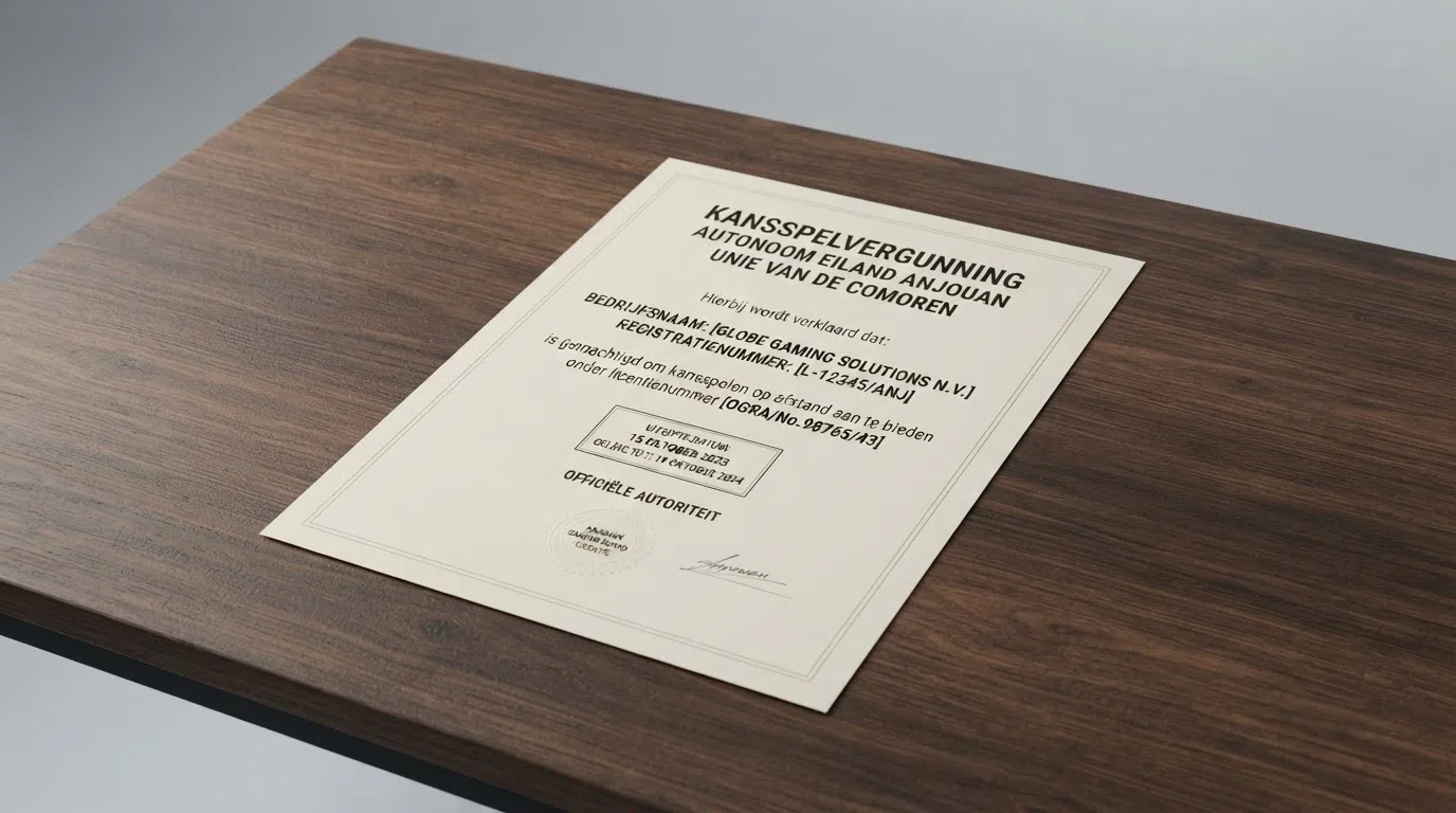 Een officieel ogend Anjouan-kansspelvergunningdocument met stempels en een licentienummer