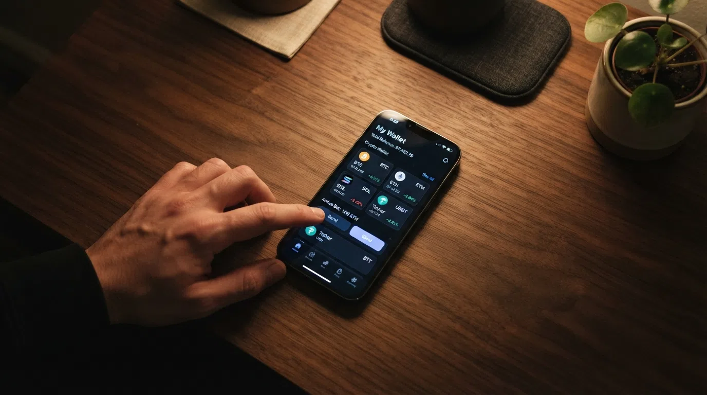 Een smartphone toont een crypto-wallet naast een casino-interface; bitcoins en etherum-munten visueel verbonden met het casino-scherm