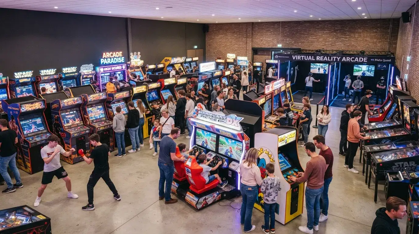Een panoramisch interieur van een grote Nederlandse arcadehal met meerdere rijen spelkasten, race-simulators en een VR-zone zichtbaar op de achtergrond