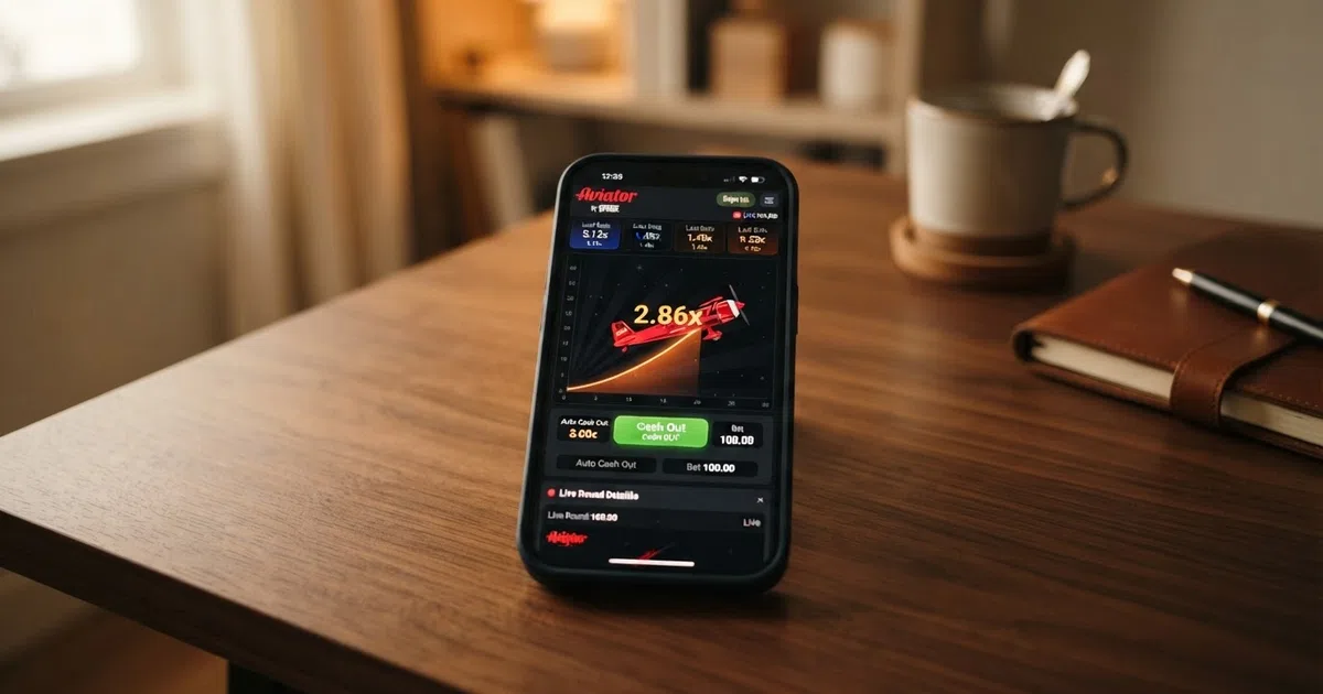 Het Aviator-crashspel van Spribe met een stijgende multipliercurve op een donker spelscherm — het vliegtuig stijgt en de inzet loopt