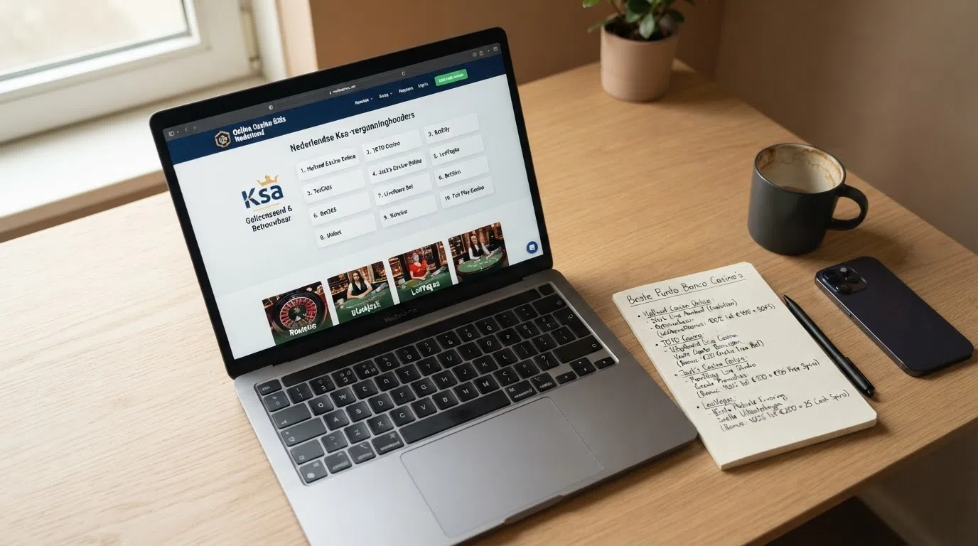 Een overzicht van logo's van Nederlandse online casino's met baccarat op een laptopscherm, met een vergelijkingslijst ernaast