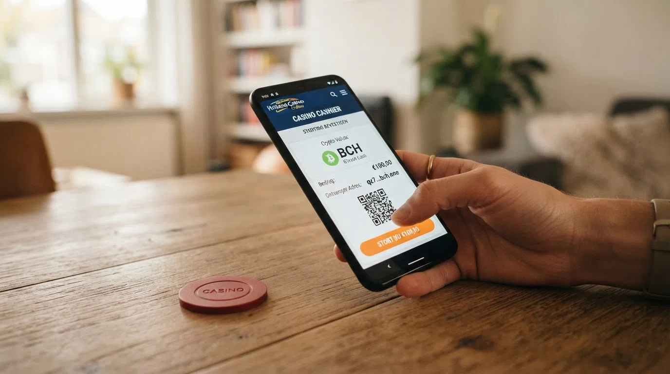 Een smartphone met een Bitcoin Cash-wallet-app geopend naast een casino-stortingsscherm met het BCH-logo