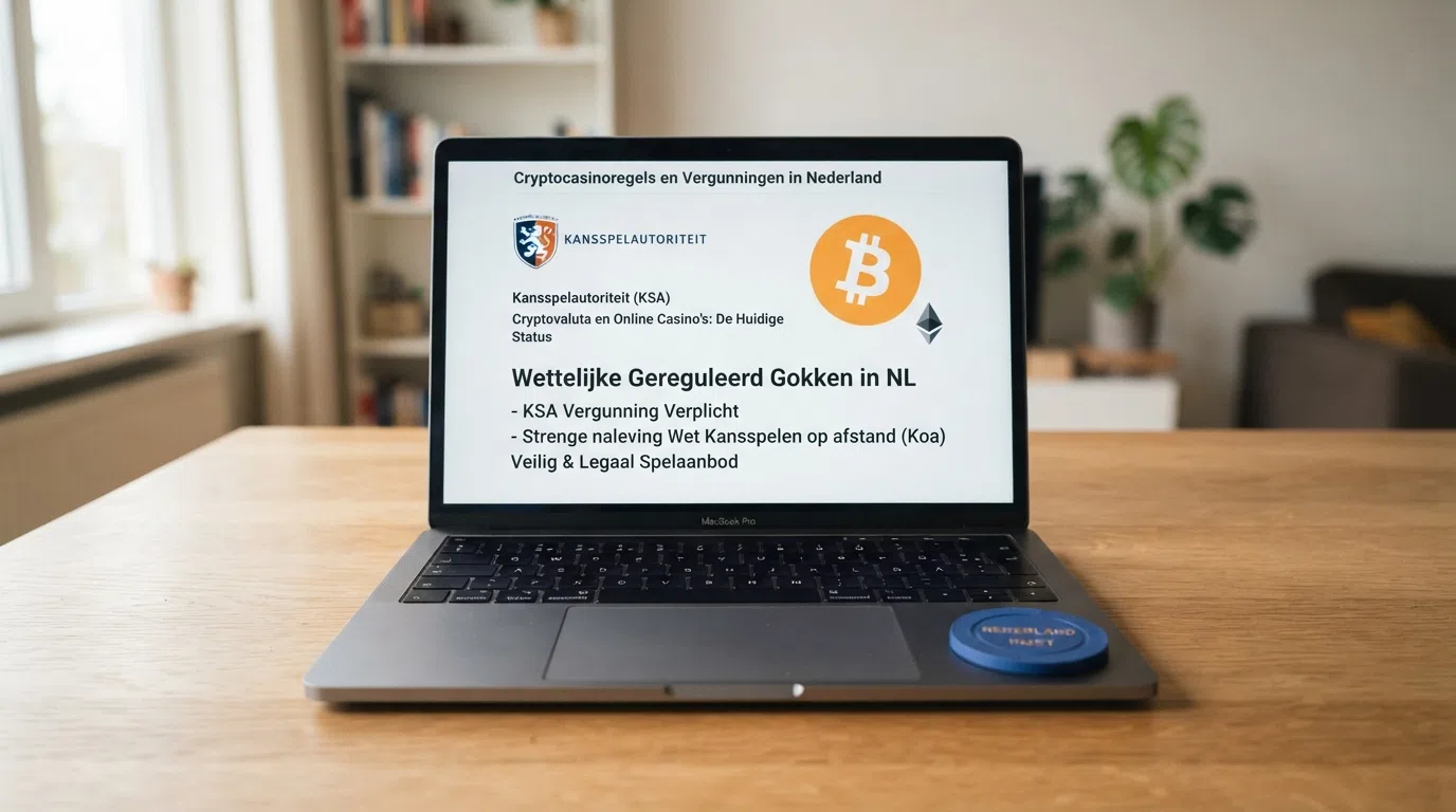 Het logo van de Kansspelautoriteit naast een computerscherm met een Bitcoin Cash-symbool en een vraagteken
