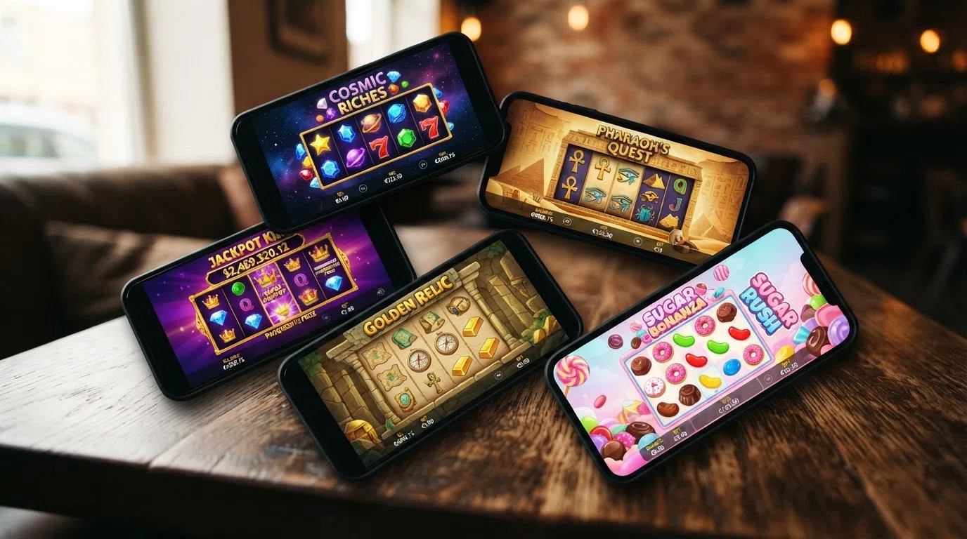 Een visuele collage van de vijf populairste Nederlandse online gokkasten (Starburst, Book of Dead, Sweet Bonanza, Mega Moolah en Gonzo's Quest) met hun herkenbare symbolen en kleurenschema's