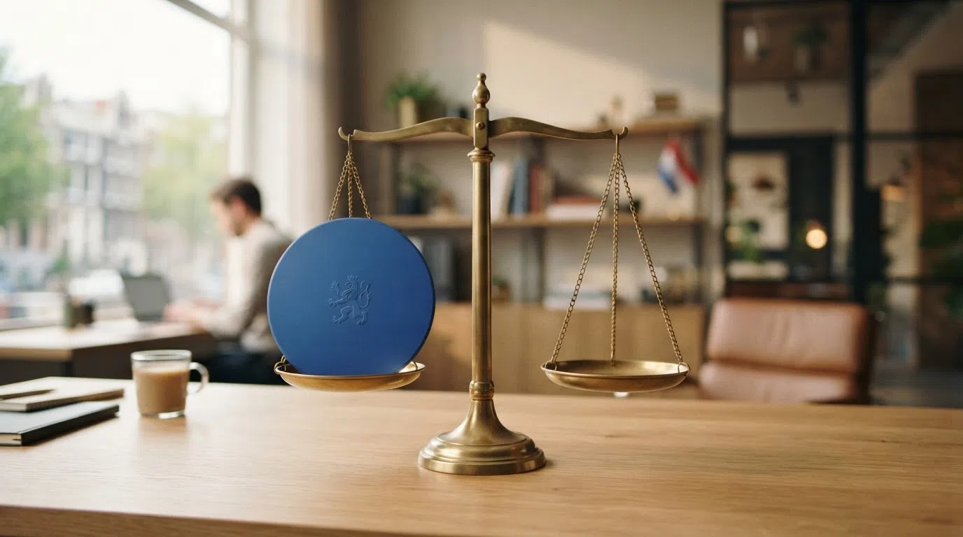 Een weegschaal met aan de ene kant een KSA-logo en CRUKS-schild en aan de andere kant een lege schaal