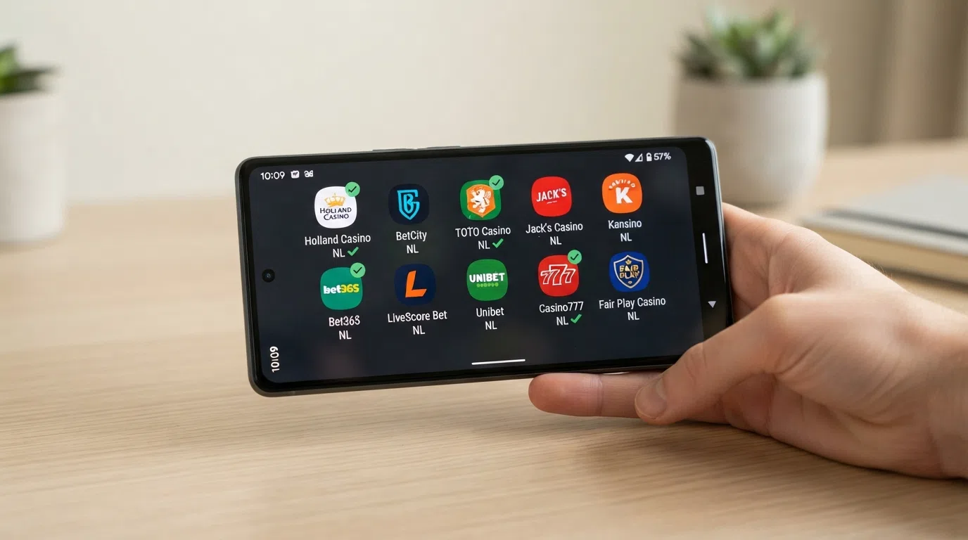 Tien Nederlandse casino-app-iconen op een rij op een Android-scherm, met een groen vinkje bij de apps met stortingsvrije bonus