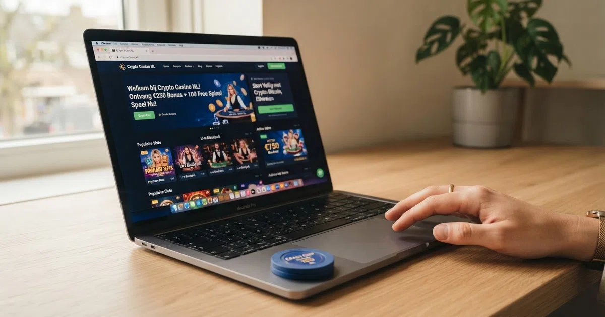 Een laptopscherm met een bitcoin casino-interface, met daarop een stortingsvenster, een bonusbanner en het bitcoin-logo naast speeltegoed in euro's