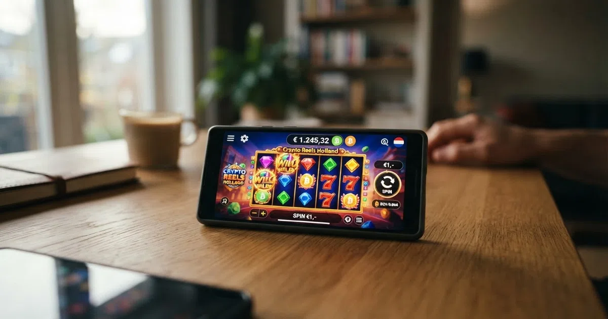 Een online casino-interface op een laptopscherm met het Bitcoin Cash-logo en een rij kleurrijke slots op de achtergrond