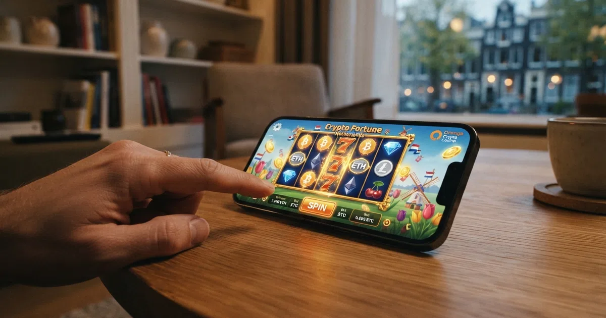 Een digitaal bitcoin-muntstuk voor een online casino-interface met speeltafels op de achtergrond