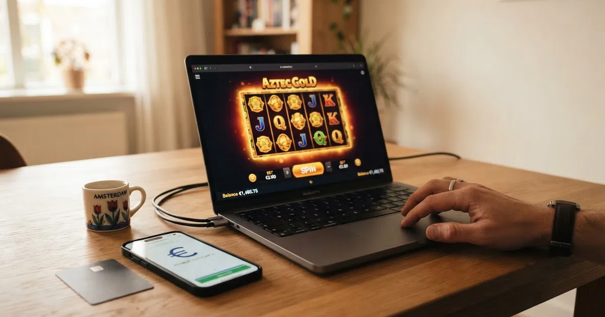 Een Nederlandse speler kijkt op een laptop naar een buitenlands online casino met een vergelijkingspagina in beeld, naast een smartphone met iDEAL-logo en een document met 'Kansspelbelasting' erop