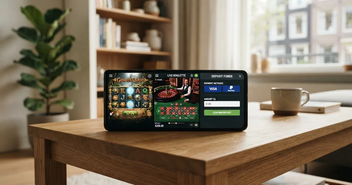 Een Nederlands mobiel scherm met drie casino apps naast elkaar geopend: een slot-spel, een live roulette-tafel en een stortingsscherm met iDEAL