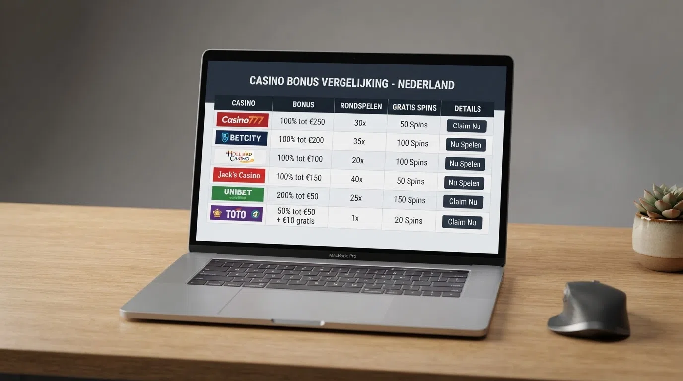 Een overzichtelijke bonusvergelijkingstabel op een laptopscherm met Nederlandse casino logo's en bonuspercentages.