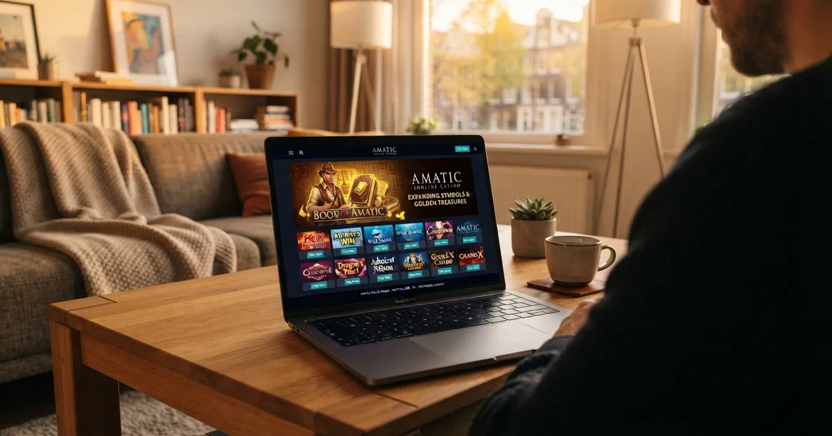 Een online casino-lobby op een laptopscherm met Amatic-slots zichtbaar in de speltegels, waaronder een herkenbaar Book of Aztec-icoon