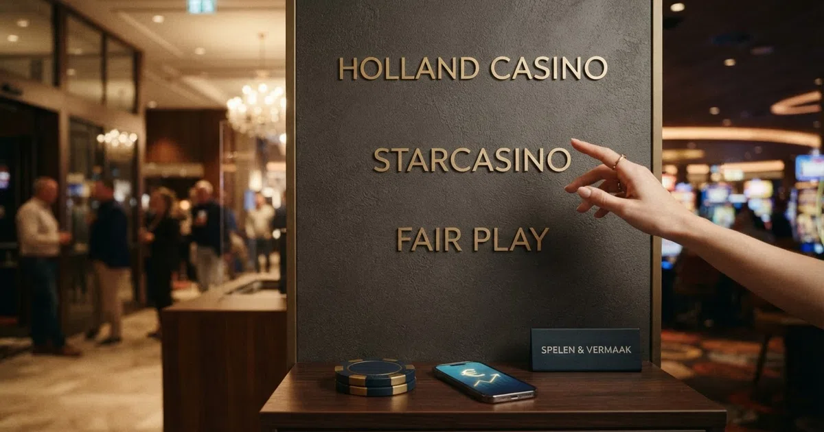 Tien Nederlandse casino-logo's op een rij, drie uitgelicht met het Betsoft-icoon — Holland Casino, Starcasino en Fair Play