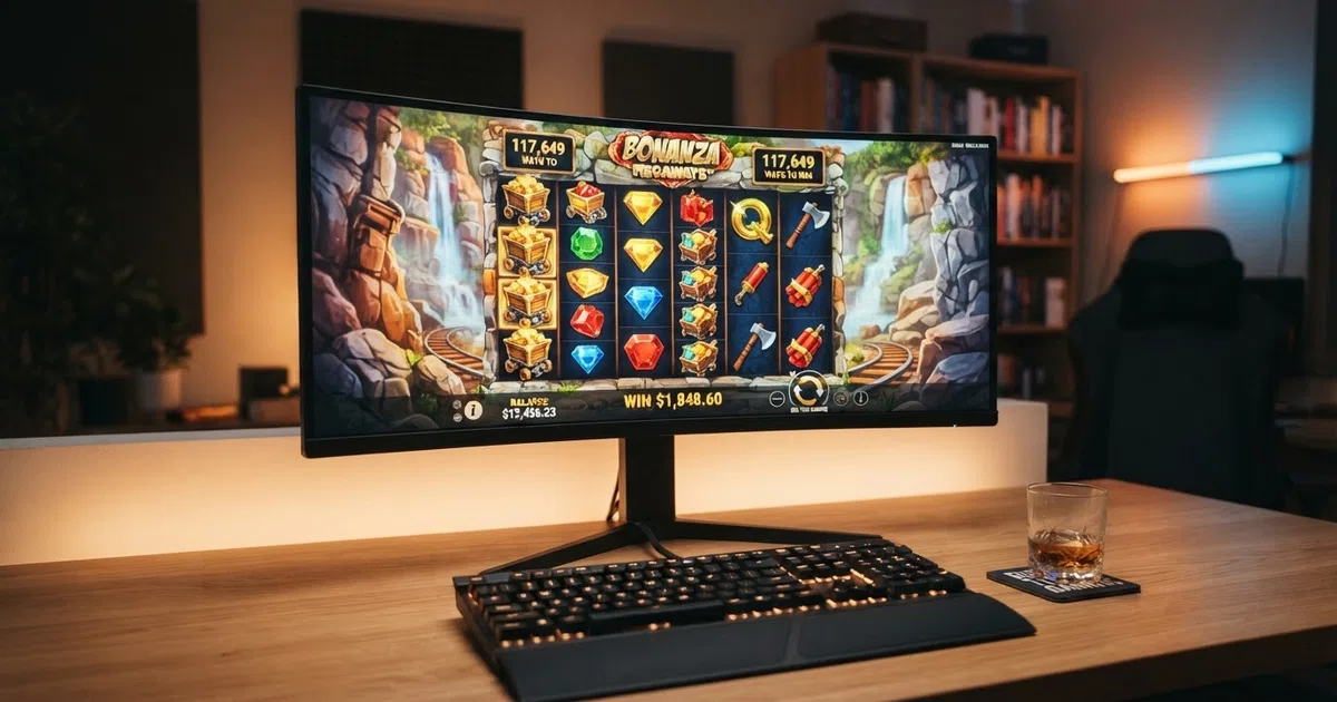 Het Big Time Gaming-logo met Megaways-slots op een scherm, de Australische studio die in 2016 de gokautomaat opnieuw uitvond