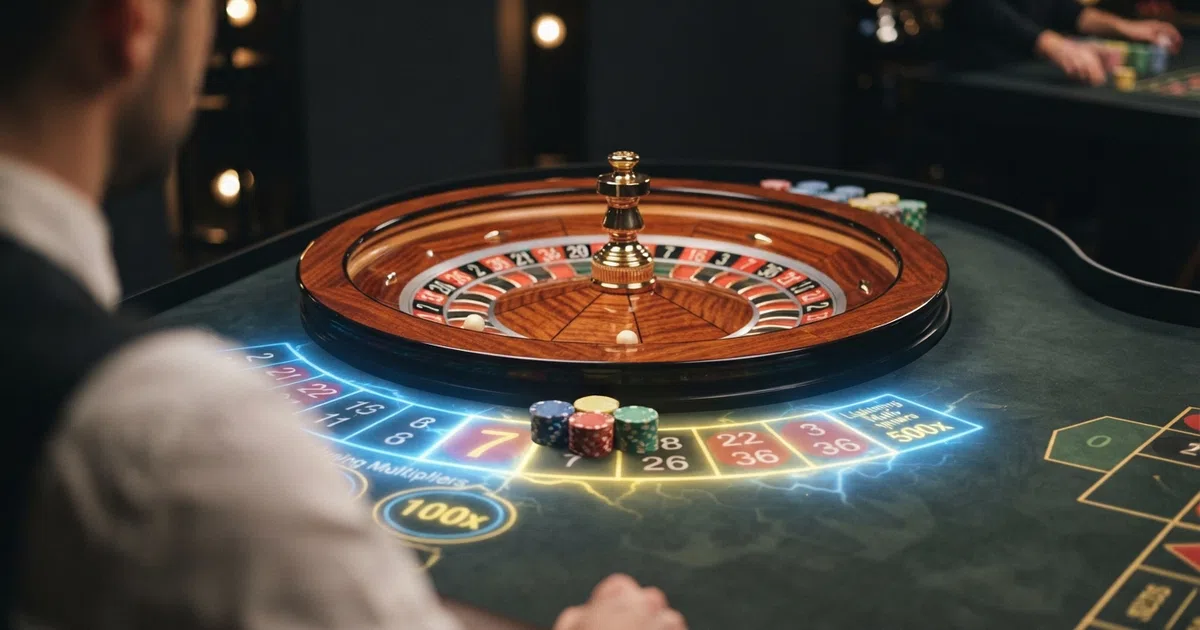 Een live-dealer aan een Evolution Gaming roulettetafel in een professionele studio, met een close-up van het wiel en de dealer in beeld, zichtbaar op het scherm van een Nederlands online casino