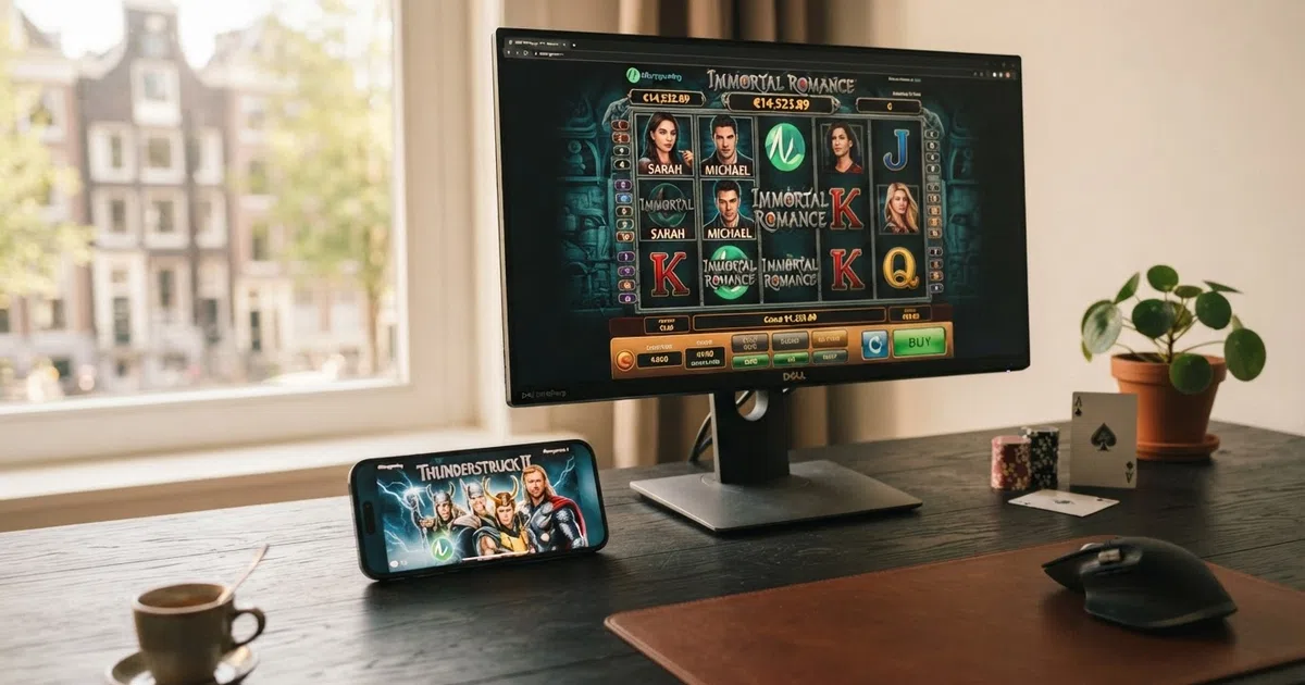 Een overzicht van Nederlandse online casino-interfaces met Microgaming-slots op het scherm, op een desktop en een mobiele telefoon naast elkaar