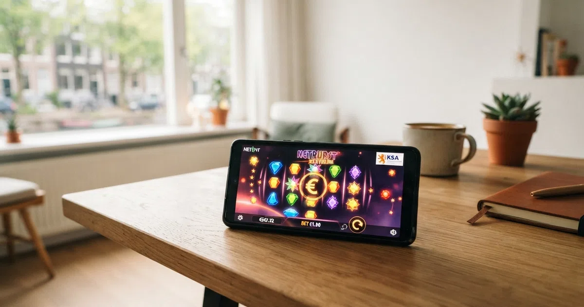 NetEnt-logo op een Nederlands online casino-scherm met KSA-keurmerk zichtbaar