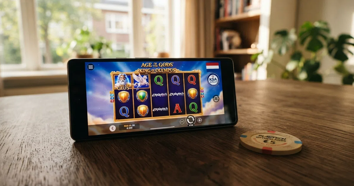 Playtech casino lobby op een laptopscherm met Nederlandse vlag en KSA-keurmerk in beeld