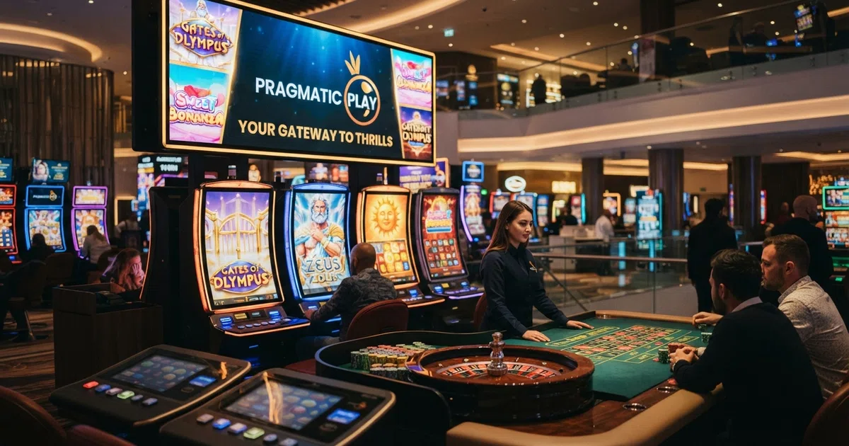 Een online casino lobby met het herkenbare felle logo van Pragmatic Play boven een rij gokkasten en een live-dealertafel