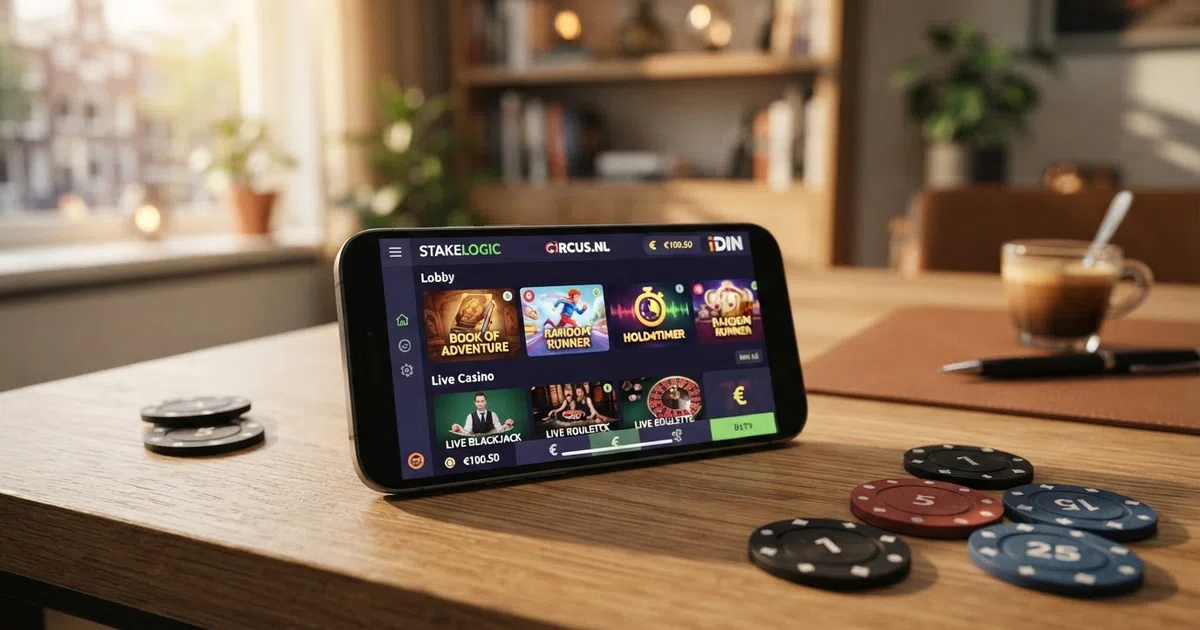 Een overzichtelijk scherm met de logo's van de tien beste Nederlandse Stakelogic-casino's en hun bonusinformatie