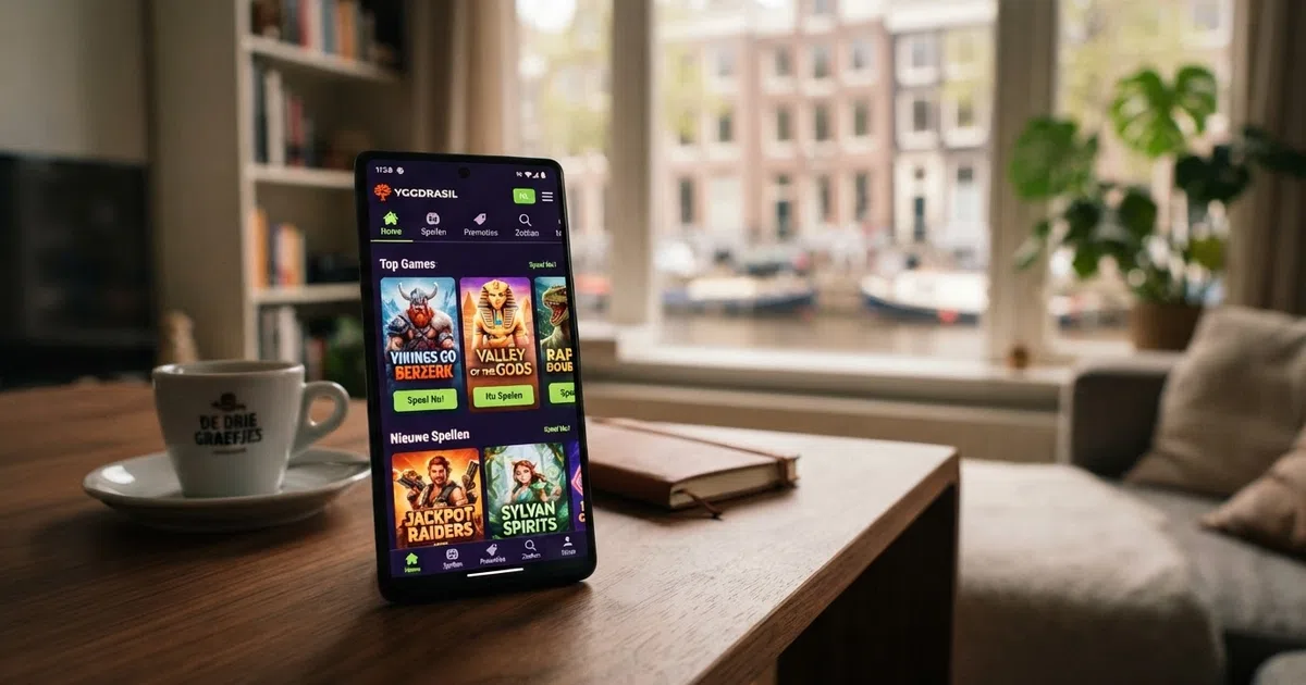 Een raster van Yggdrasil-gokkasten op een smartphonescherm met het logo van een Nederlands online casino