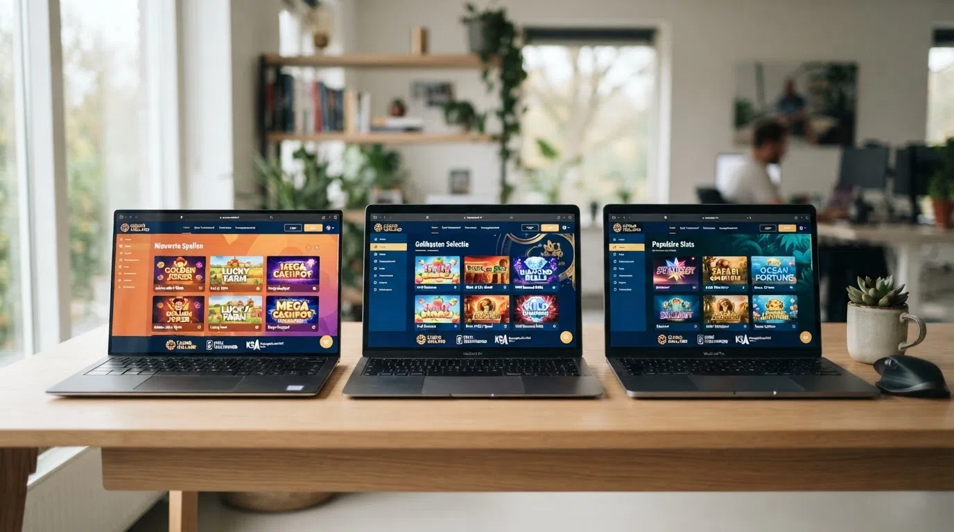 Een collage van de homepages van drie hoog gewaardeerde Nederlandse online casino's met hun gokkast-lobby's zichtbaar