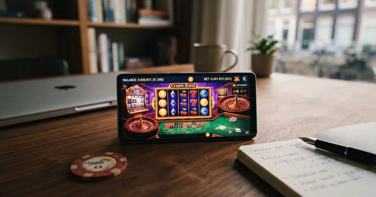 Een laptopscherm met daarop een crypto wallet, bitcoin-logo en de interface van een online casino