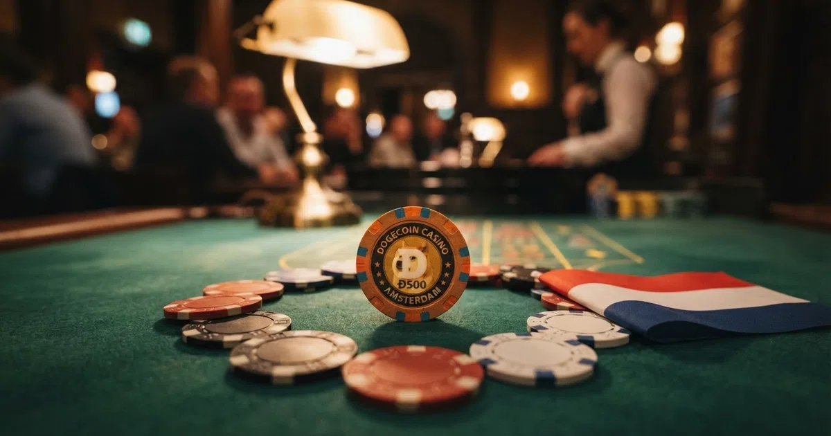 een Dogecoin-munt tussen casinofiches en een Nederlandse vlag op een donkere achtergrond