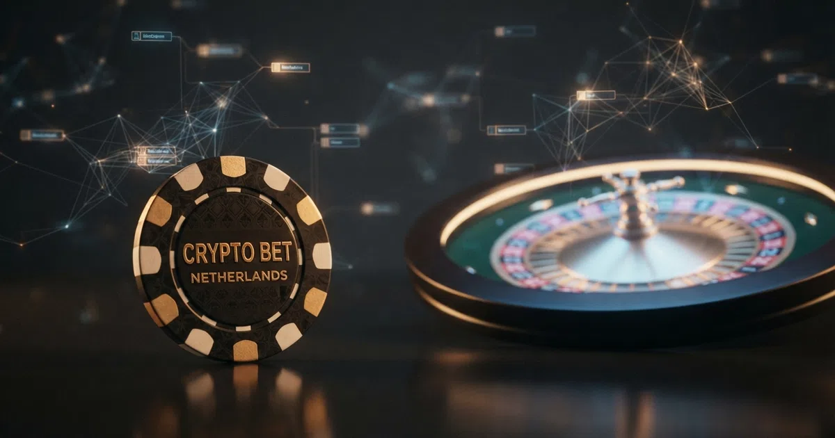 Een Ethereum-munt naast een digitaal casino-roulettewiel op een donkere achtergrond met blockchain-visualisatie