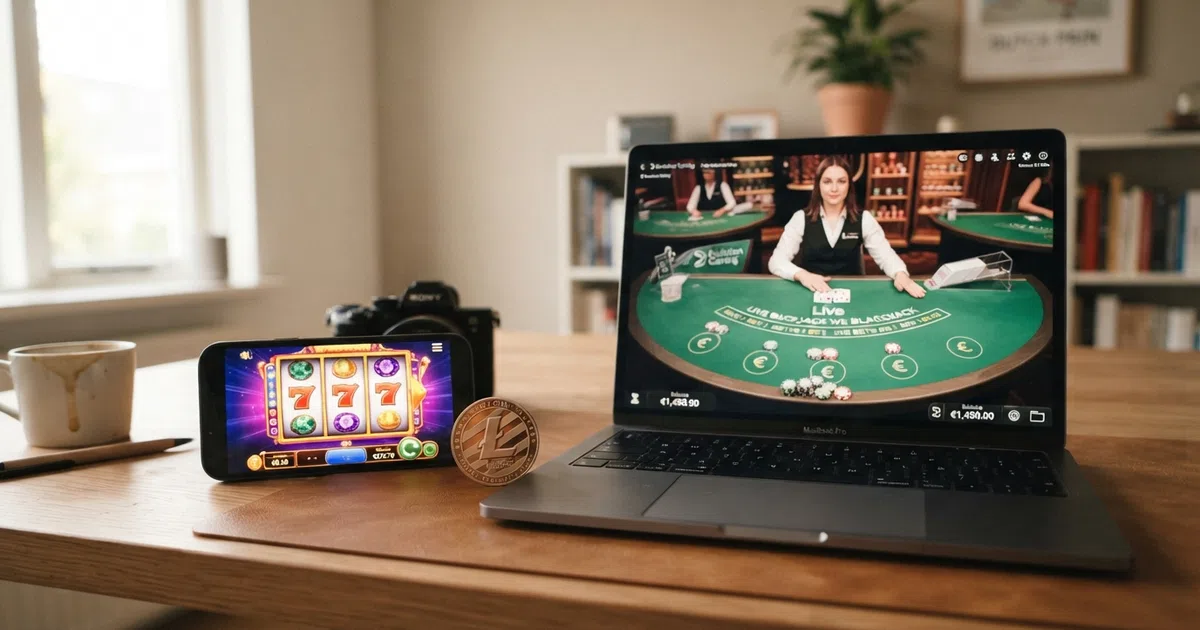 Een smartphone en laptop met daarop de logo's van de besproken litecoin casino's naast een zilveren Litecoin-munt met het LTC-logo