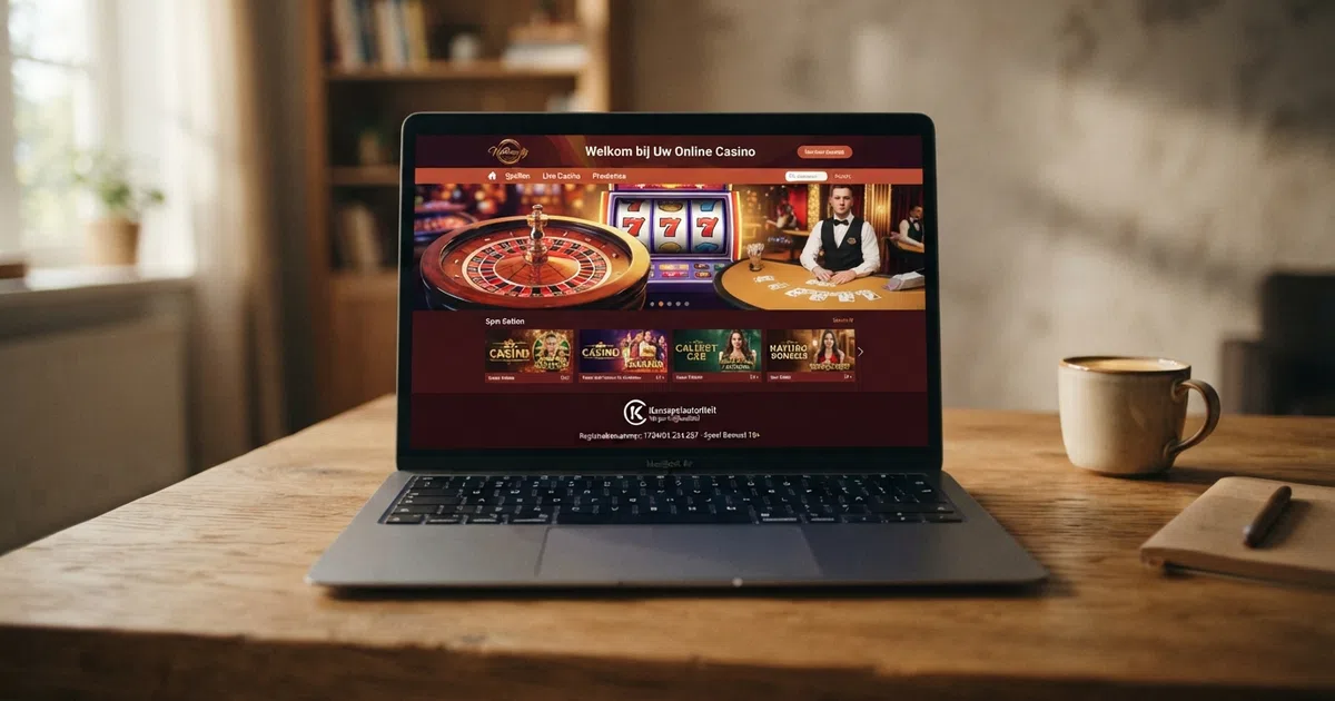 Startscherm van een Nederlandse online goksite op een laptop met het KSA-keurmerk zichtbaar in de footer