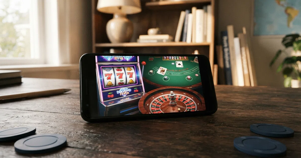 Een online casino-interface met slots en live dealer-spellen, gemarkeerd met een Anjouan-licentielogo