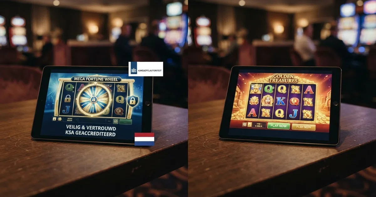 Een split-screen: links een slot op een Nederlands KSA-casino met een slotje en keurmerk in beeld, rechts hetzelfde type slot op een buitenlands casino zonder keurmerken