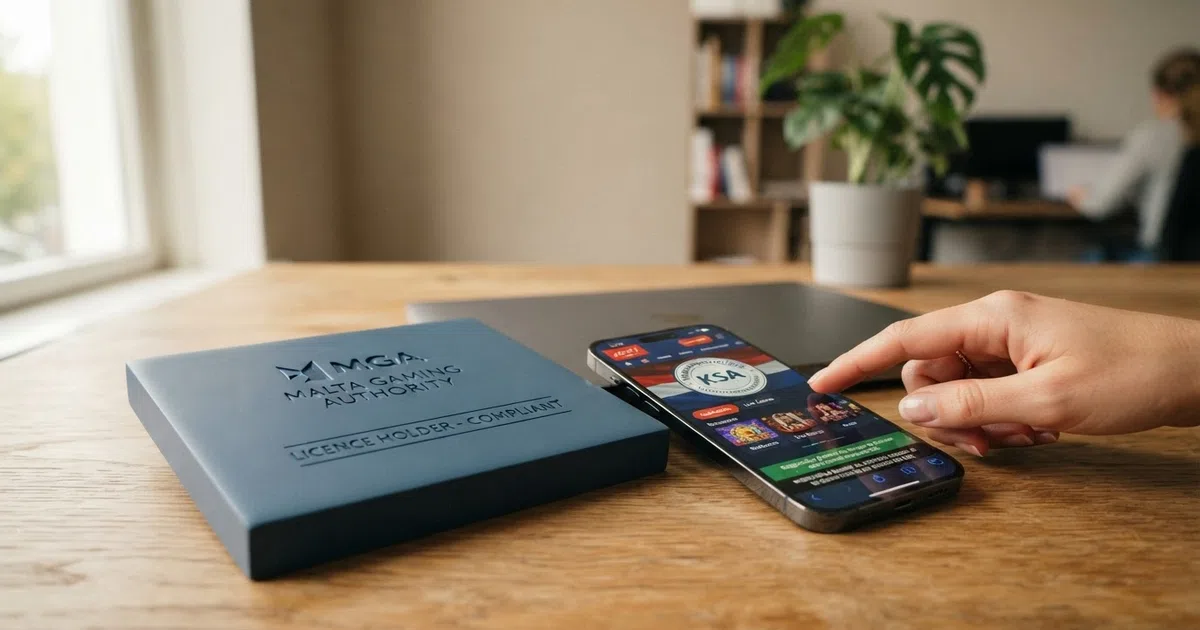 Een MGA-licentiecertificaat naast een Nederlands goksitescherm op een laptop