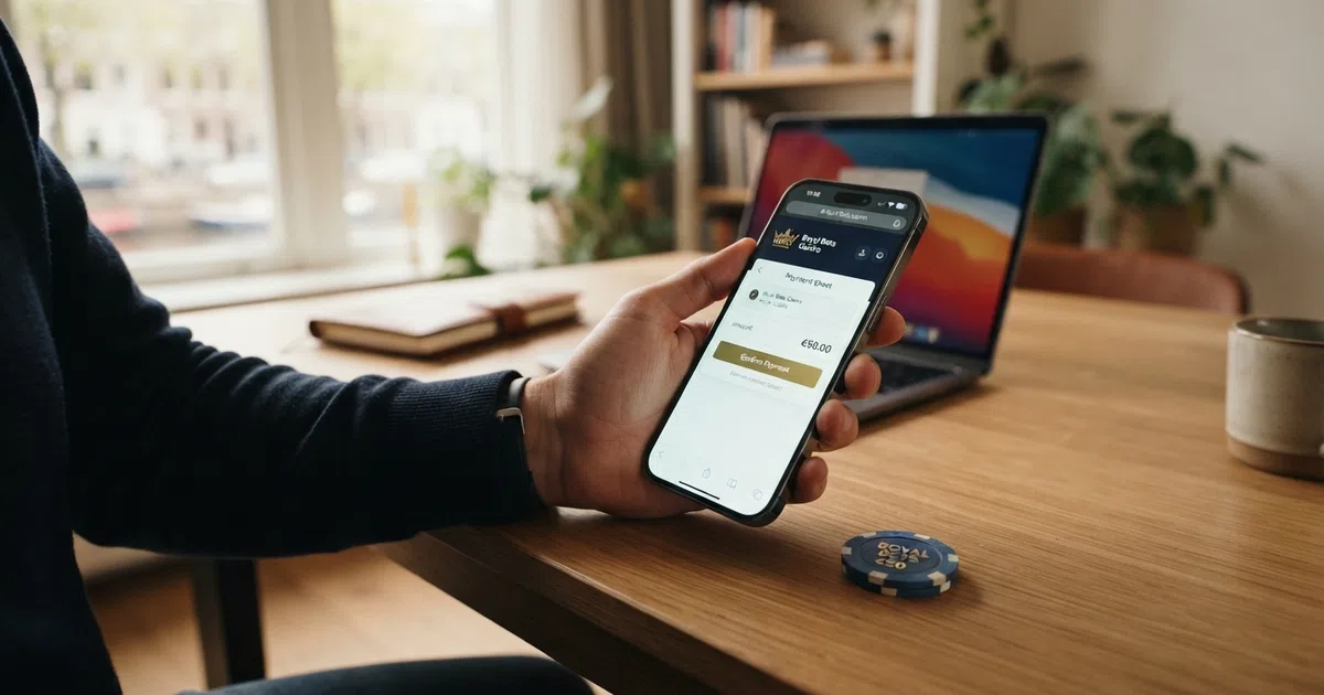 Een iPhone toont het Apple Pay-betaalscherm met een casino-app zichtbaar op de achtergrond