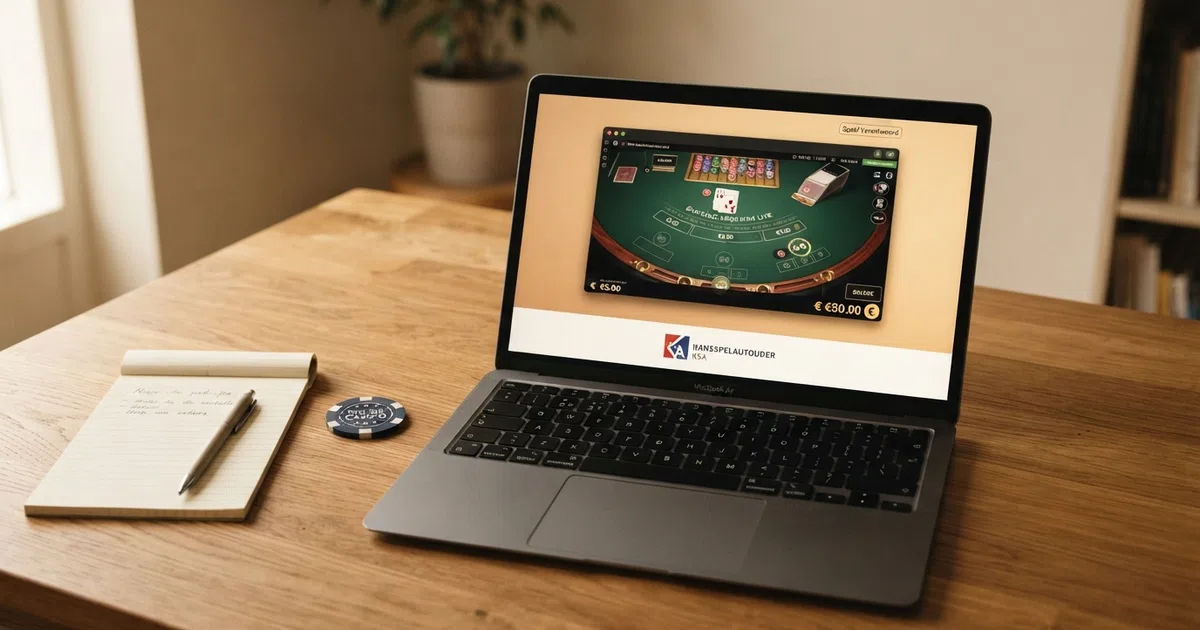 Een Nederlandse speler die op zijn laptop een bankoverschrijving uitvoert naar een online casino, met het KSA-keurmerk zichtbaar op het casinoscherm