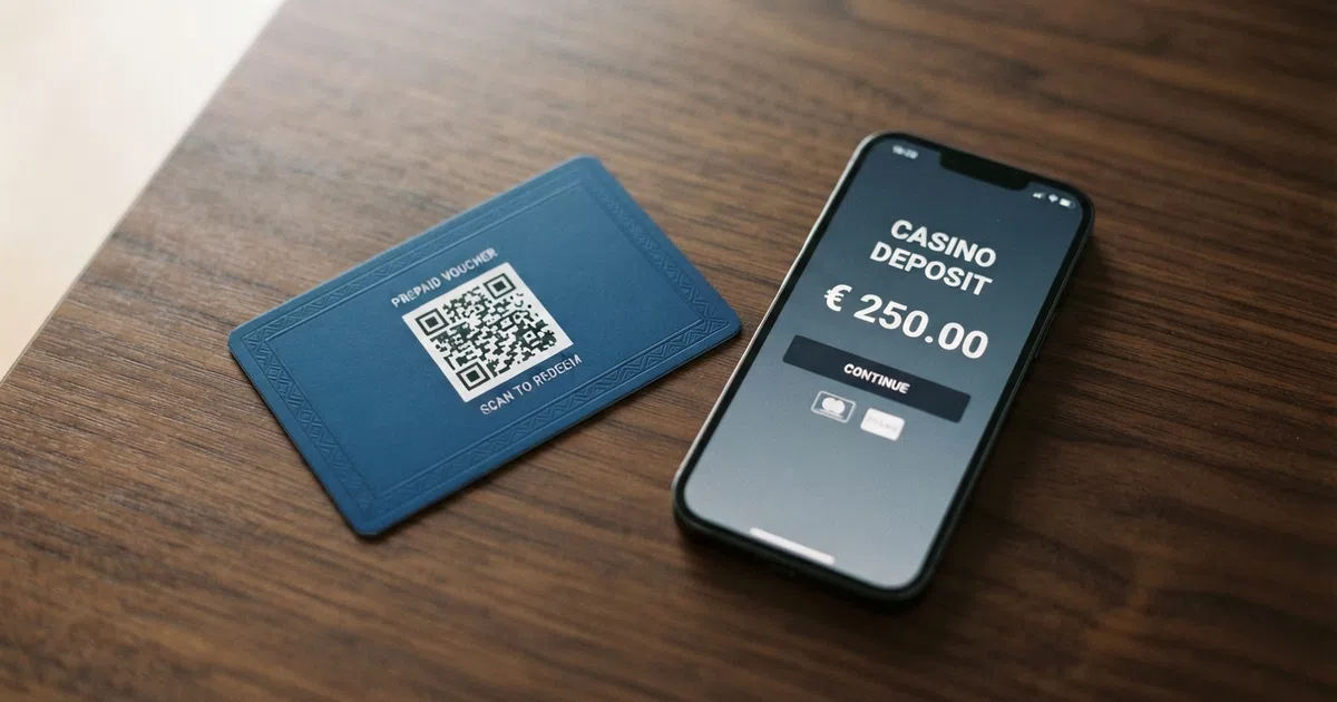 Een close-up van een CashToCode-eVoucher met een smartphone die een casino-stortingspagina toont.