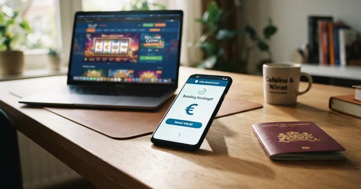 Een smartphone met daarop het Payz-logo naast een Nederlands paspoort en een casino-interface