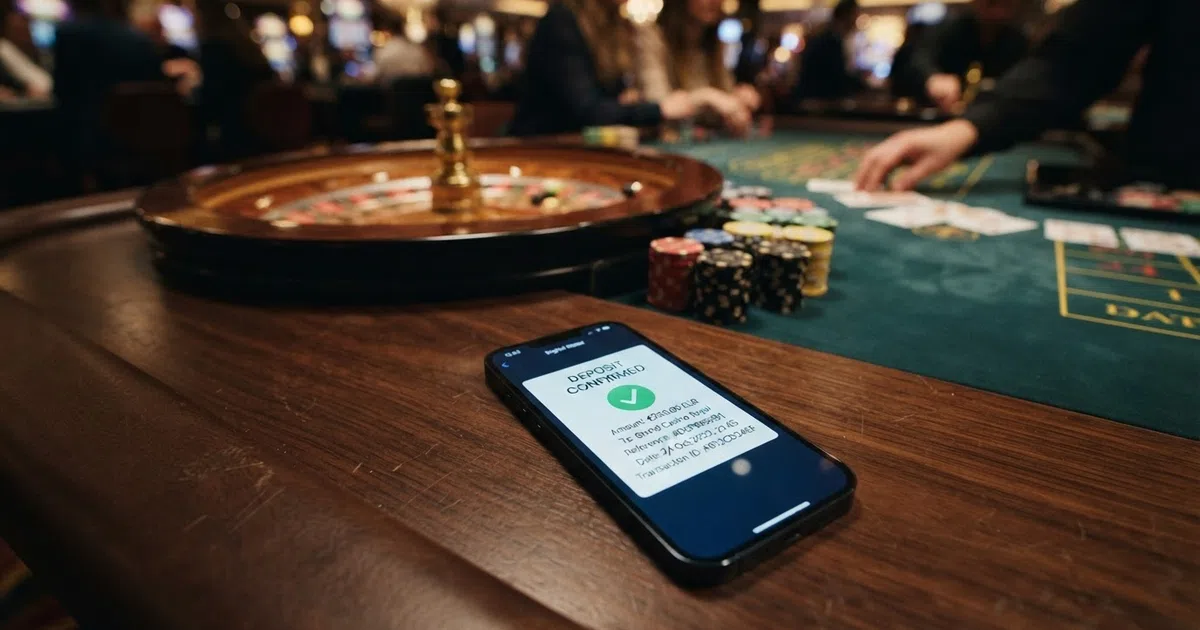 Een smartphone met de Google Pay-app geopend, met daarop het logo van een online casino en een stortingsbevestiging. Op de achtergrond een speeltafel met roulettewiel en kaarten.