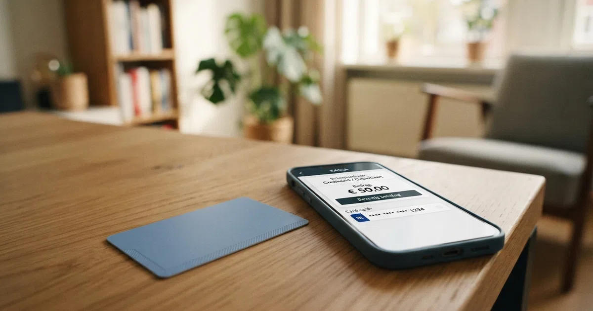 Een Nederlandse betaalpas met Mastercard-logo naast een smartphonescherm met een online casino kassa die Mastercard als betaaloptie toont