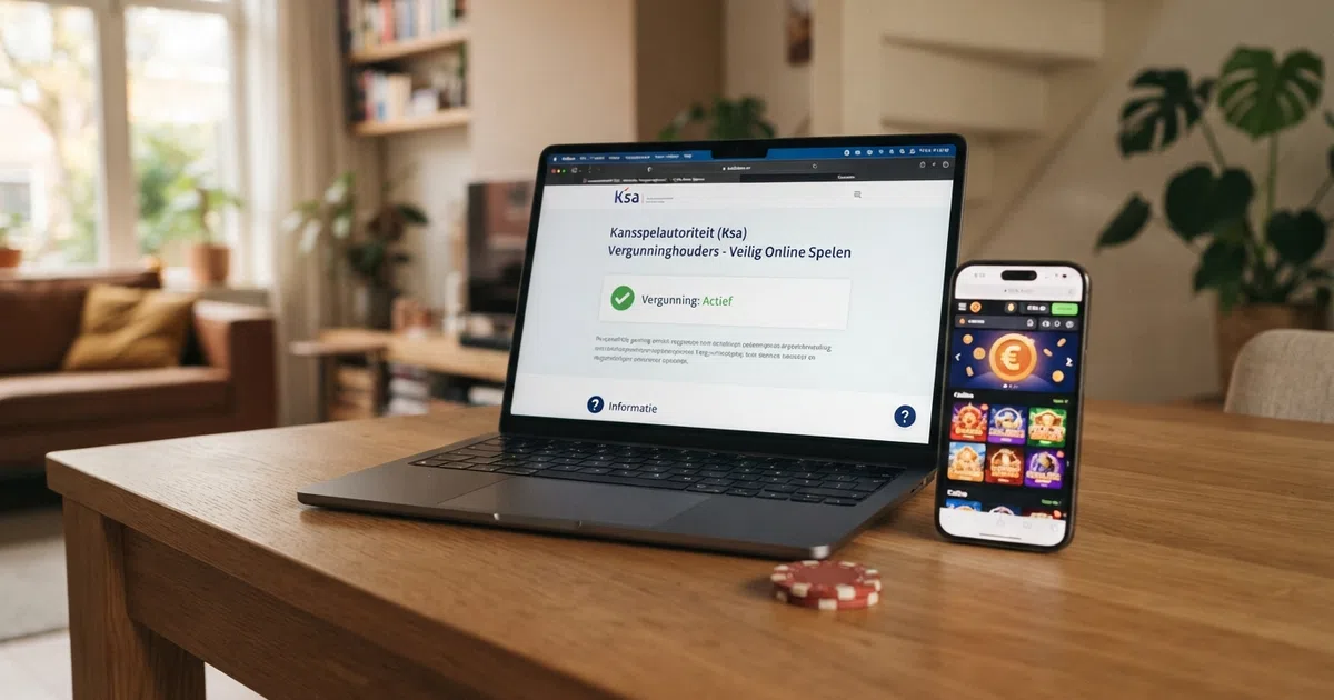 Een smartphone en laptop met het MiFinity-logo naast een Nederlandse casino-interface, met een vinkje en een vraagteken naast elkaar