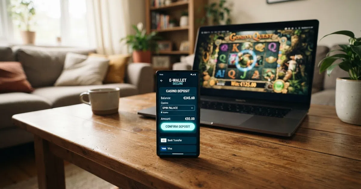 Een smartphone met de MuchBetter-app geopend, met daarop een stortingsscherm naar een online casino; op de achtergrond een laptop met een casinoslot